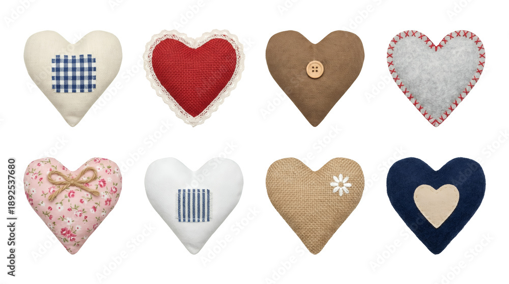 Fototapeta premium Fabric heart set including linen, burlap, felt, and floral patterns with buttons and embroidery isolated. Handmade sewing and craft collection.