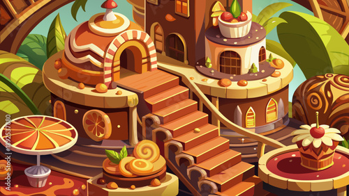 Very beautiful close-up of a whimsical chocolate-inspired manor dessert scene with cinnamon stair details, candied orange accents, and sculpted chocolate elements, creating a fantasy-style gourmet con