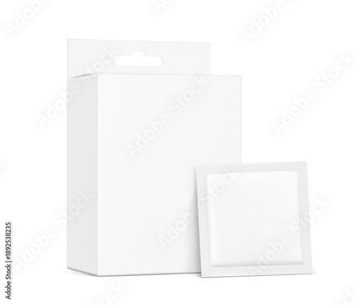 Hanging packaging box with sachet mockup. Half side view. Vector illustration isolated on white background. Ready and simple to use for your design. EPS10.