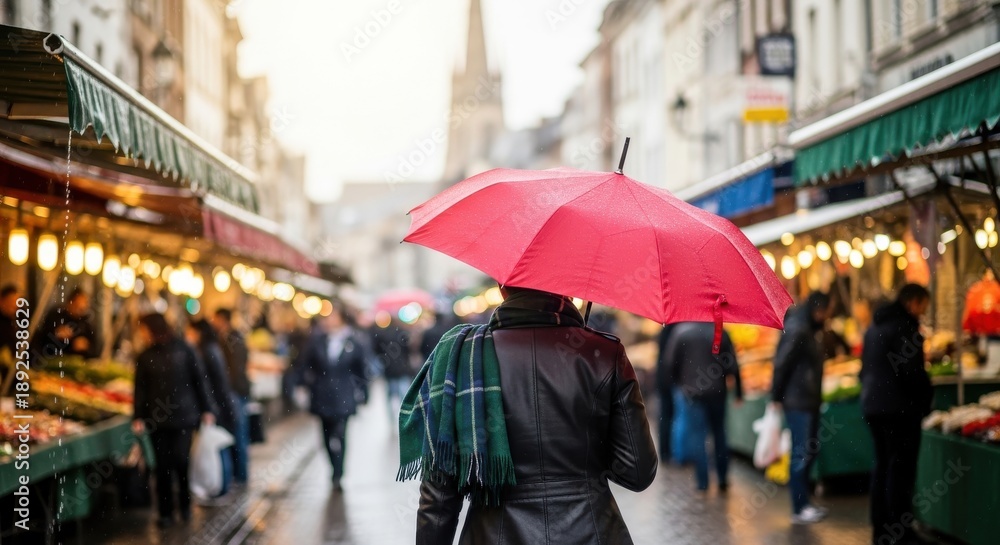 Fototapeta premium Person walks under bright umbrella along busy outdoor market street during damp weather