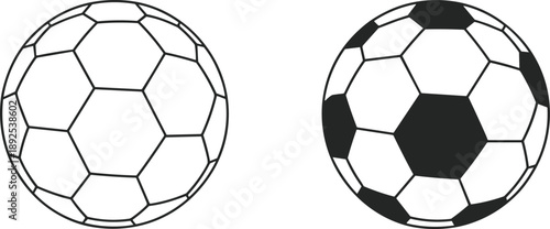 Collection of professional soccer ball vector icons and football silhouettes with angled hexagonal patterns isolated on white background for sports graphic design.