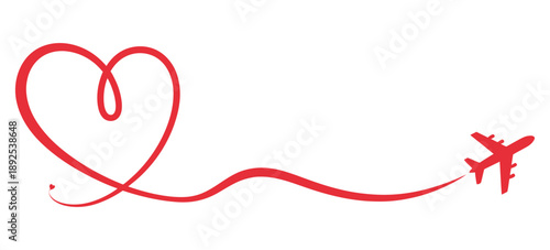 Passenger airliner red symbol with heart, airplane icon travel love concept, flat aviation vector illustration, isolated on white background