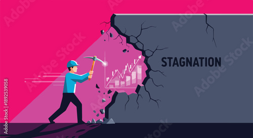 Man with pickaxe breaking through wall of stagnation to reveal growth chart, symbolizing progress and overcoming challenges