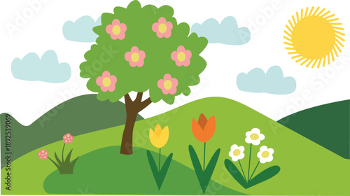 Spring landscape with blooming tree and flowers