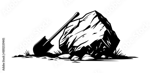 Black silhouette of a shovel leaning against a stone, without background.