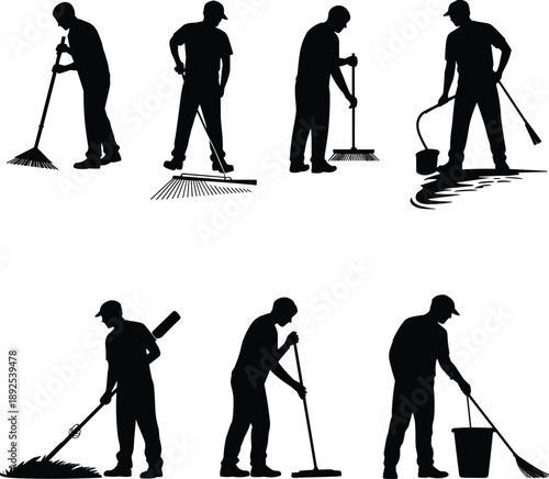 Professional cleaning service silhouettes of janitors and maintenance workers using rakes brooms and buckets for outdoor landscaping and industrial floor care.