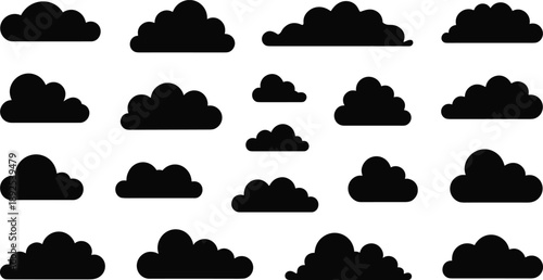 Large set of diverse black cloud silhouettes with rounded edges isolated on white background for weather forecasting and minimal graphic design.