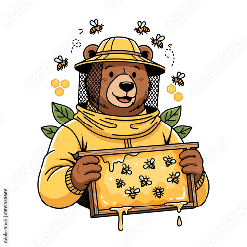 Friendly Bear Beekeeper Holding Honeycomb Vector Illustration 2026