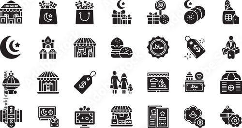 Solid Islamic Festive Shopping, Halal Retail and Eid Gift Exchange Icon Set