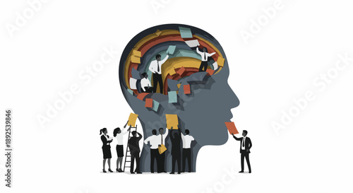 Collaborative Intelligence: Diverse Business Team Managing Complex Data and Insights in Layered Papercut Head Illustration