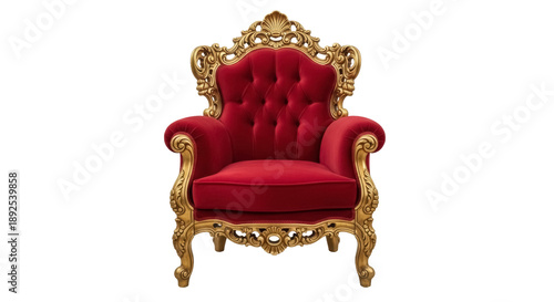 Photos Luxurious red velvet armchair with golden ornate frame isolated PNG, royal thron