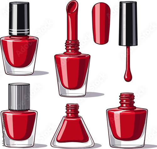 Isolated a kinds of deferent realistic Open nail polish bottle with red nail polish 3d rendering vector art with white background.