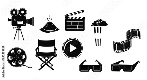 Black silhouettes depicting various elements of filmmaking and cinema