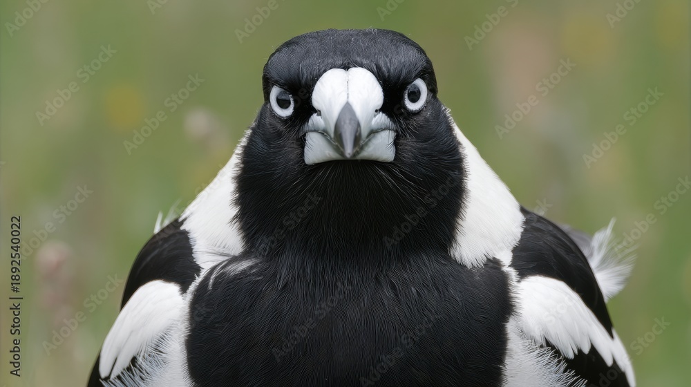 Obraz premium Close-up of a fierce Australian Magpie staring at the camera in a colorful natural setting, showing alert and defensive posture, spring wildlife, bird detail and feather texture