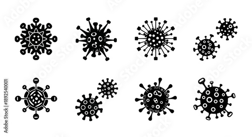 Illustrations of various coronavirus structures in a black and white style