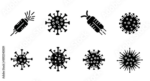 Black and white illustrations of viruses and insects resembling them
