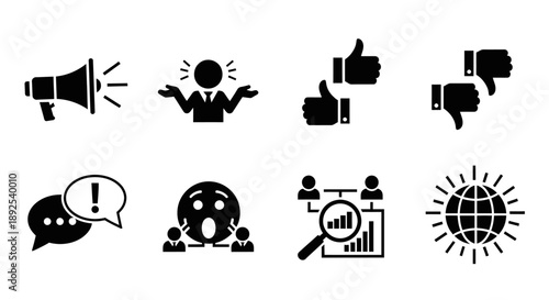 Collection of black silhouette icons representing communication and concepts