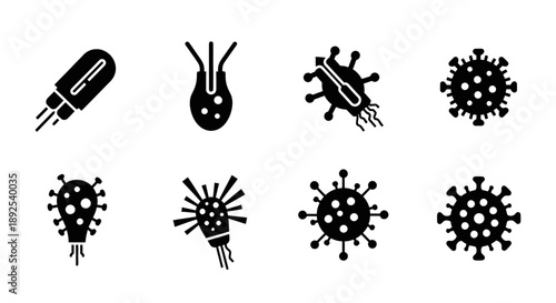 Black silhouettes illustrating various viruses bacteria and a medicine capsule