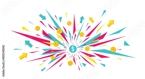 Vibrant financial explosion with a central dollar sign, flying gold coins, and dynamic upward arrows symbolizing business growth, investment success, and economic prosperity.