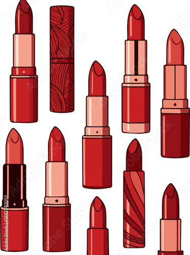 Isolated a kinds of deferent realistic Red lipstick vector art with white background.