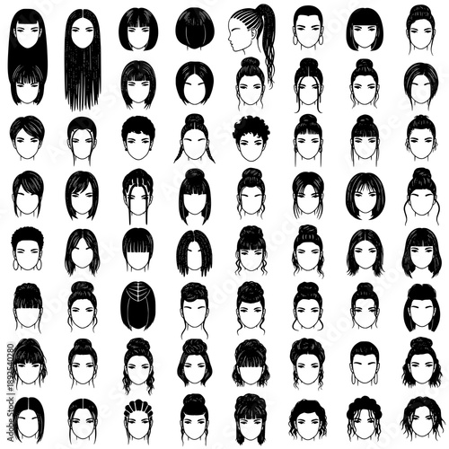 Raster silhouette collection of black female hairstyles for beauty, fashion, and salon design