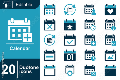 A collection of 20 duotone icons representing various calendar functions, perfect for digital interfaces and planning tools