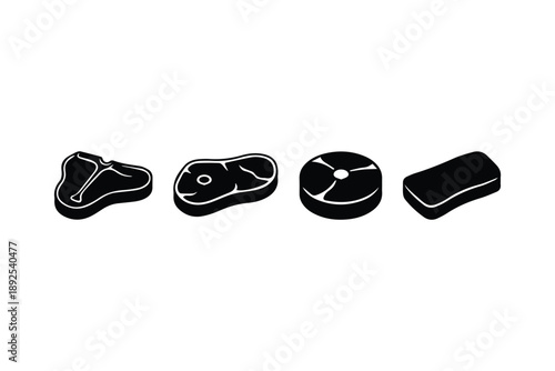 Four different cuts of raw meat, including steak and other primal cuts, on white background