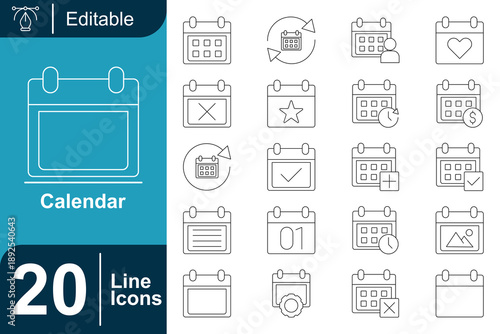 20 editable line icons representing a calendar, schedule, planning, and time management concepts