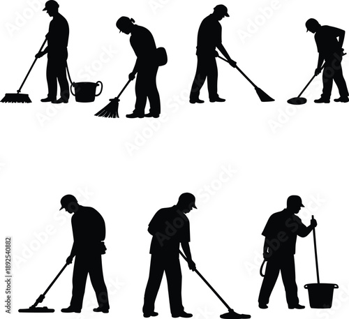 Professional cleaning service silhouettes of janitors and sanitation workers using brooms mops and buckets for industrial floor maintenance on white background.