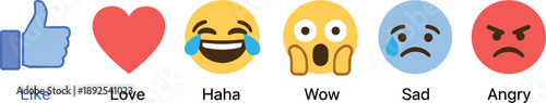Facebook Reaction Emoji Set Showing Like, Love, Haha, Wow, Sad, Angry for Social Media Engagement, Emotional Response, User Interaction