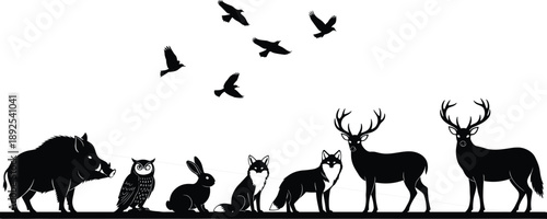 Forest Wildlife Silhouettes Featuring Deer, Fox, Rabbit, Owl, Boar, Wolf, Birds in Flight, Nature Scene, Animal Diversity, Woodland Fauna