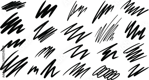 Grid of 24 Unique Black Scribble Brush Strokes in Varied Styles for Texture, Shading, Abstract Art, and Digital Design Use