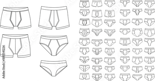 Men’s Underwear Technical Sketches Featuring Boxer Briefs, Briefs, Waistband Styles, Seam Variations, Fashion Design Reference, Garment Construction Details