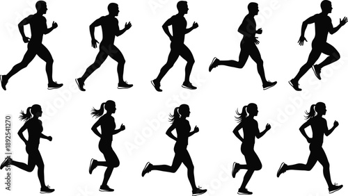 Male and Female Running Silhouettes in Motion Capturing Athletic Stride, Fitness Dynamics, Sports Movement, Biomechanics, Training, Speed, Endurance