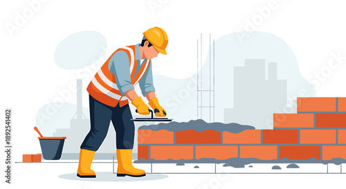 Construction worker building a brick wall with trowel and mortar.