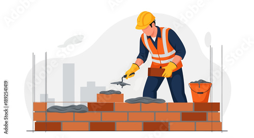 Construction worker building a brick wall with trowel and cement.