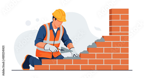 Construction worker building a brick wall with trowel and mortar.