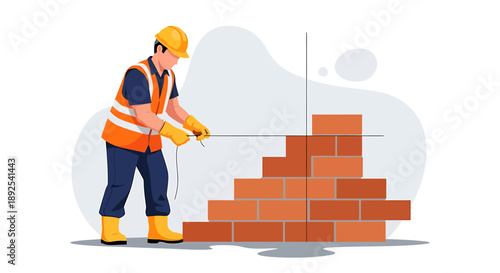 Construction worker building a brick wall with tools.