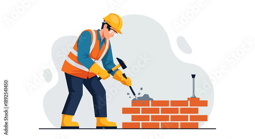 Construction worker building a brick wall with trowel and tools.