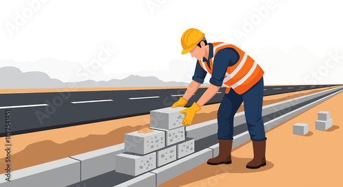 Construction worker building a roadside barrier with bricks.