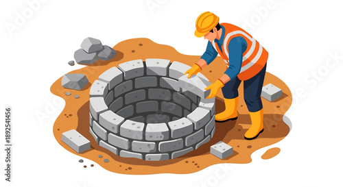 Construction worker building a stone well on a construction site.