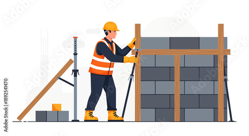 Construction worker building a wall with concrete blocks and wooden supports.