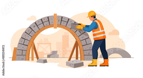 Construction worker building an arched structure with bricks.