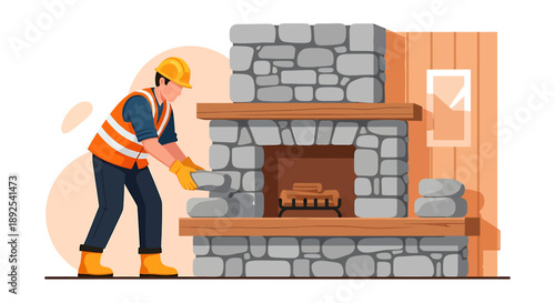 Construction worker building a stone fireplace with wood mantel.