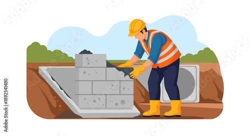 Construction worker building a wall with concrete blocks.
