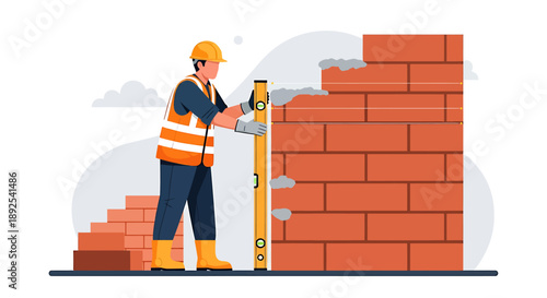 Construction worker building brick wall with level tool.