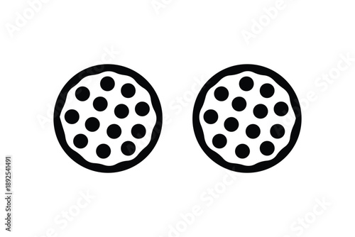 Two circular pizzas with pepperoni, simple food icons, black and white graphics, Italian cuisine