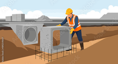 Construction worker installing concrete drainage pipes at a site.