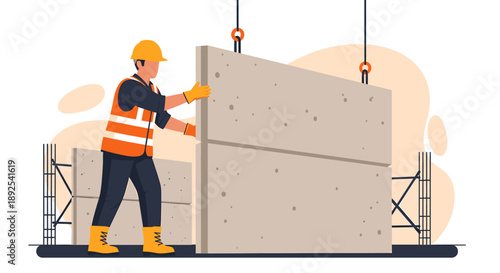 Construction worker installing concrete wall panel on building site.