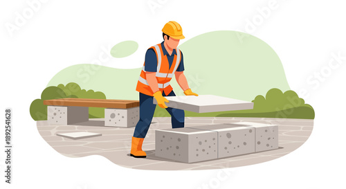 Construction worker installing concrete slab outdoors.